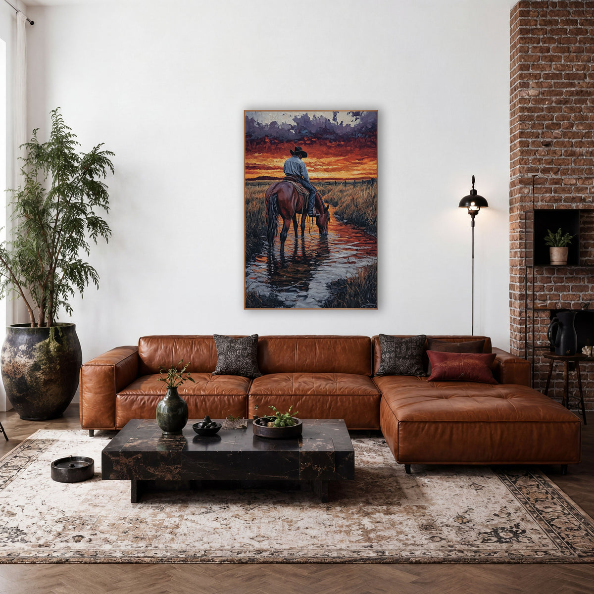 Cowboy Horse Creek Sunset Western wall art in a rustic western-style room – cowboy in black hat on a bay horse