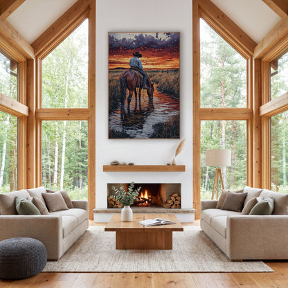 Cowboy Horse Creek Sunset Western wall art in a rustic western-style room – cowboy in black hat on a bay horse