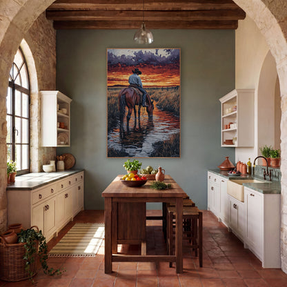 Cowboy Horse Creek Sunset Western wall art in a rustic western-style room – cowboy in black hat on a bay horse