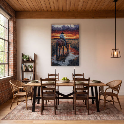 Cowboy Horse Creek Sunset Western wall art in a rustic western-style room – cowboy in black hat on a bay horse