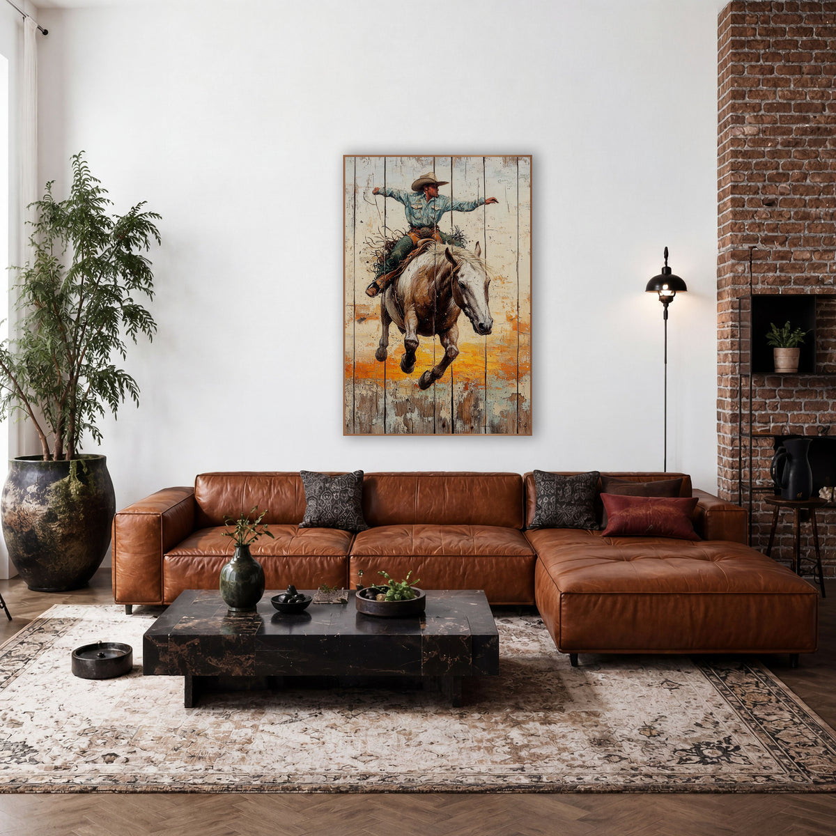 Teal Shirt Bronc Rider Rustic wall art in a rustic western-style room – cowboy in blue shirt and tan hat riding