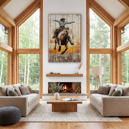 Teal Shirt Bronc Rider Rustic wall art in a rustic western-style room – cowboy in blue shirt and tan hat riding