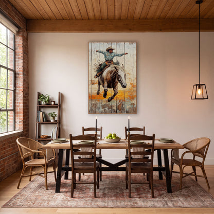 Teal Shirt Bronc Rider Rustic wall art in a rustic western-style room – cowboy in blue shirt and tan hat riding