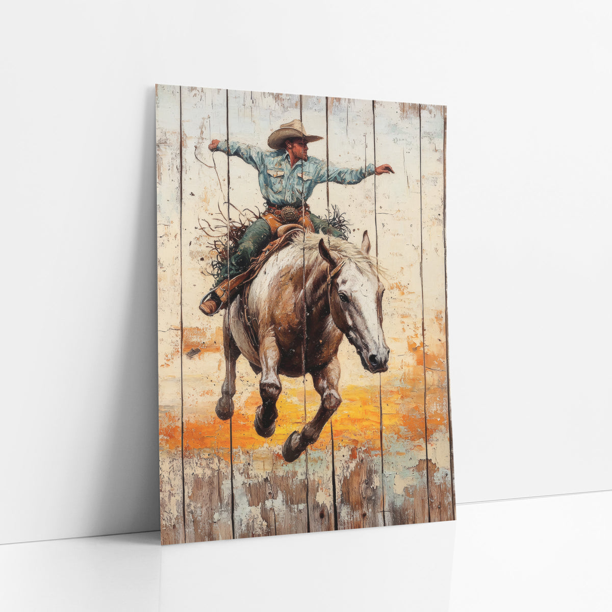Teal Shirt Bronc Rider Rustic art print leaning against a white wall – cowboy in blue shirt and tan hat riding a bucking