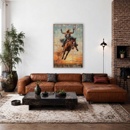 Raised Fists Bronc Rider Western wall art in a rustic western-style room – cowboy in cream hat riding a bucking brown