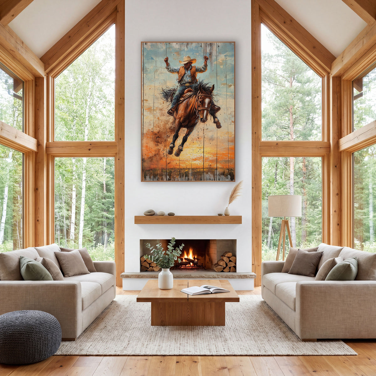 Raised Fists Bronc Rider Western wall art in a rustic western-style room – cowboy in cream hat riding a bucking brown