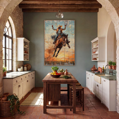 Raised Fists Bronc Rider Western wall art in a rustic western-style room – cowboy in cream hat riding a bucking brown