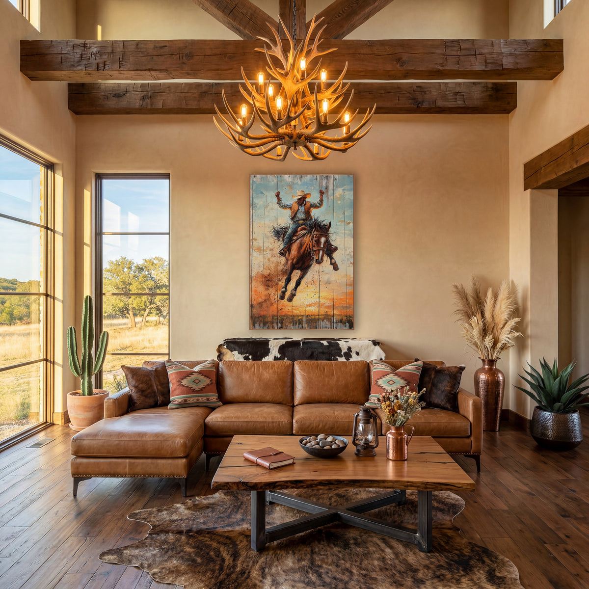 Raised Fists Bronc Rider Western wall art in a rustic western-style room – cowboy in cream hat riding a bucking brown