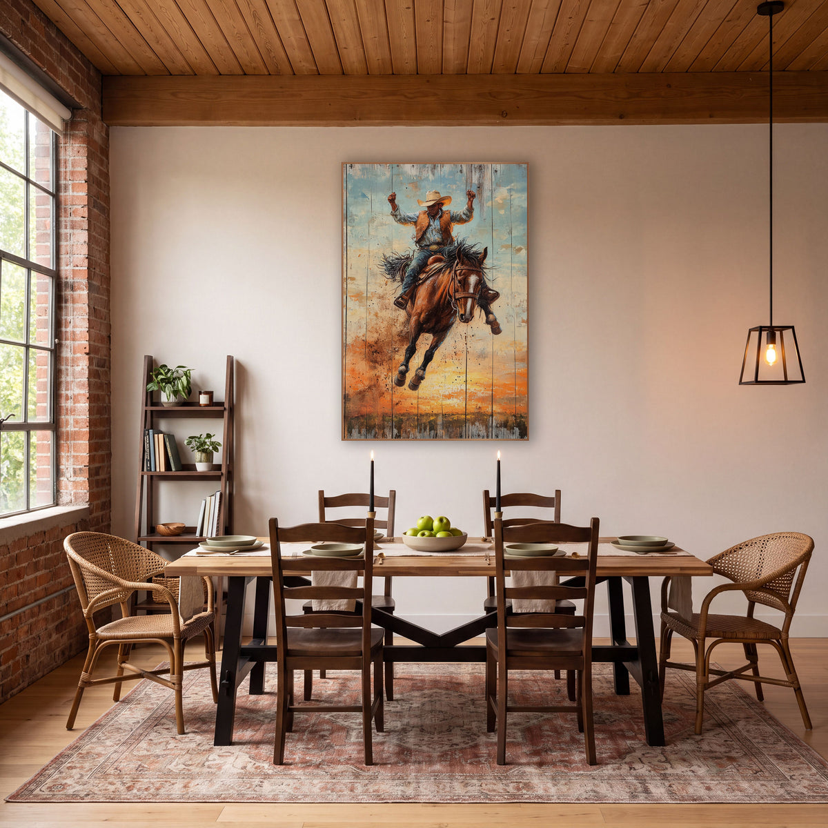 Raised Fists Bronc Rider Western wall art in a rustic western-style room – cowboy in cream hat riding a bucking brown