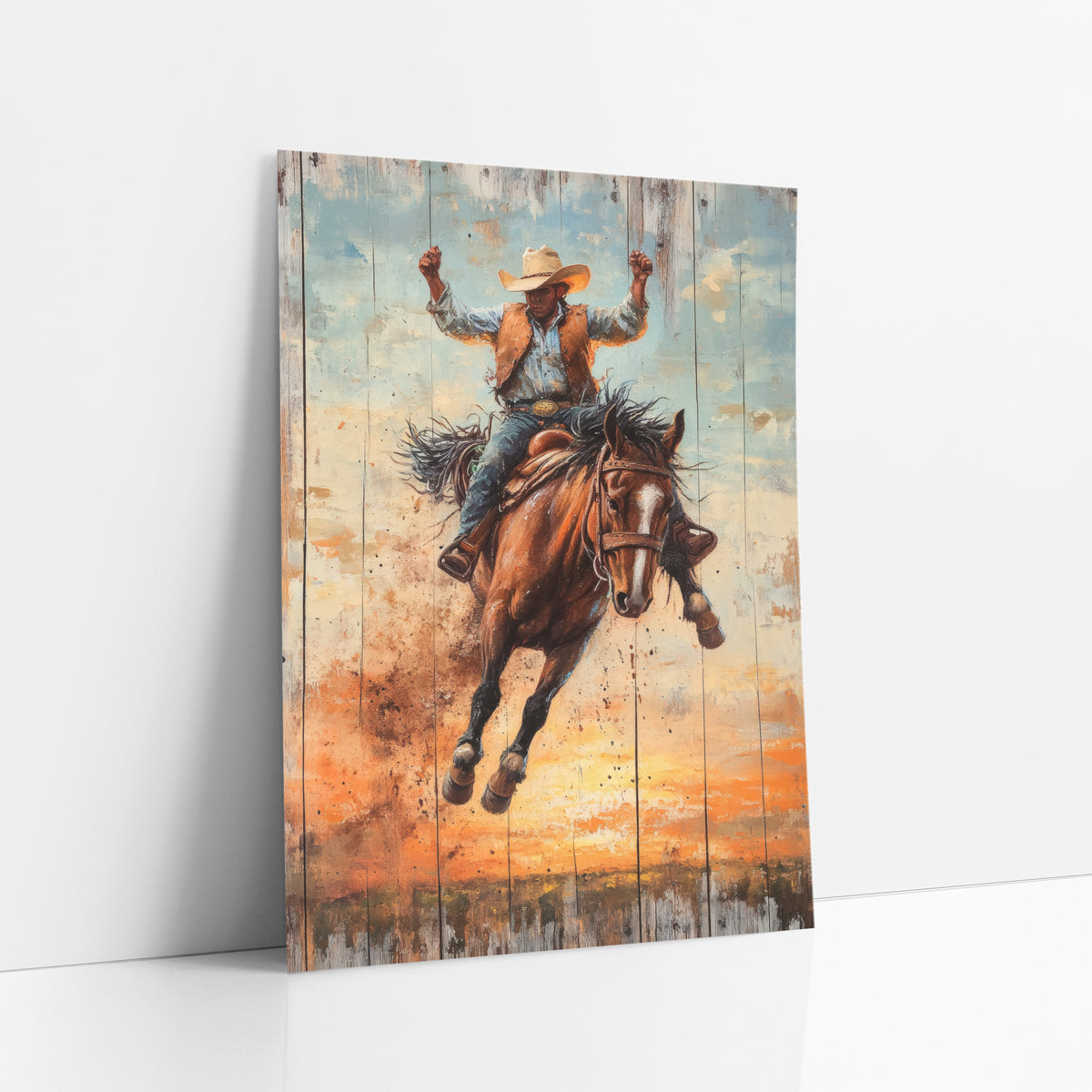 Raised Fists Bronc Rider Western art print leaning against a white wall – cowboy in cream hat riding a bucking brown horse