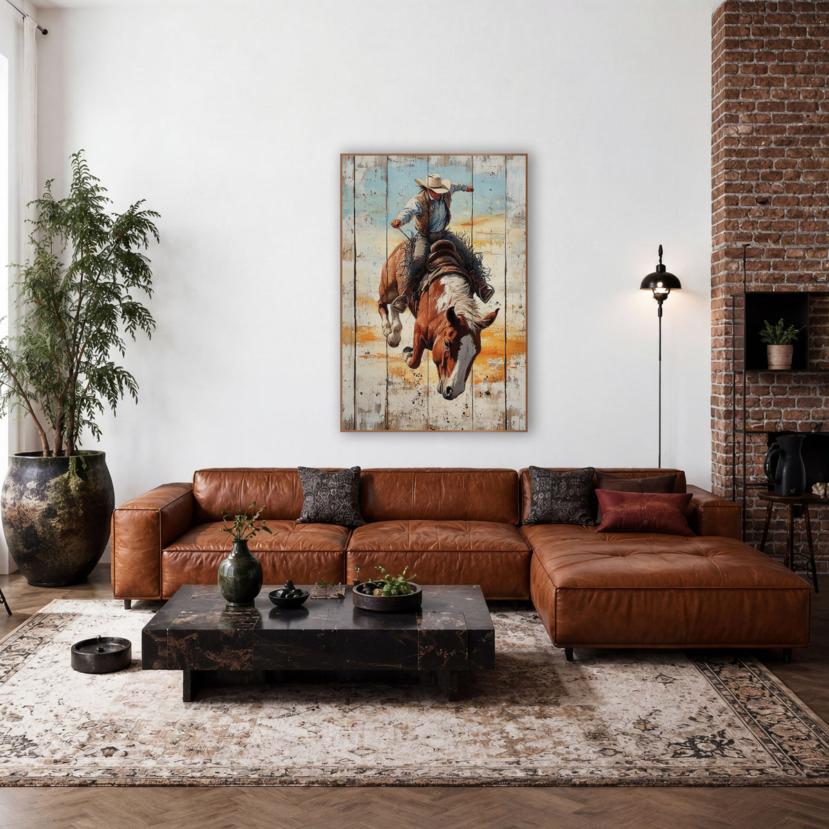Rodeo Bronc Rider Rustic Western wall art in a rustic western-style room – cowboy in cream hat riding a bucking