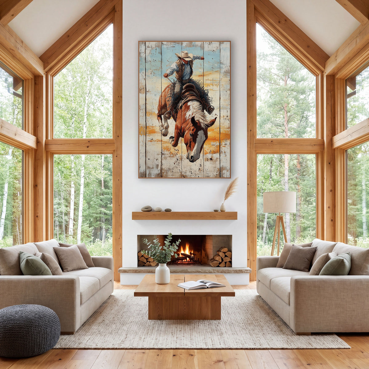 Rodeo Bronc Rider Rustic Western wall art in a rustic western-style room – cowboy in cream hat riding a bucking