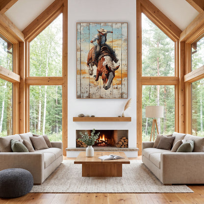 Rodeo Bronc Rider Rustic Western wall art in a rustic western-style room – cowboy in cream hat riding a bucking