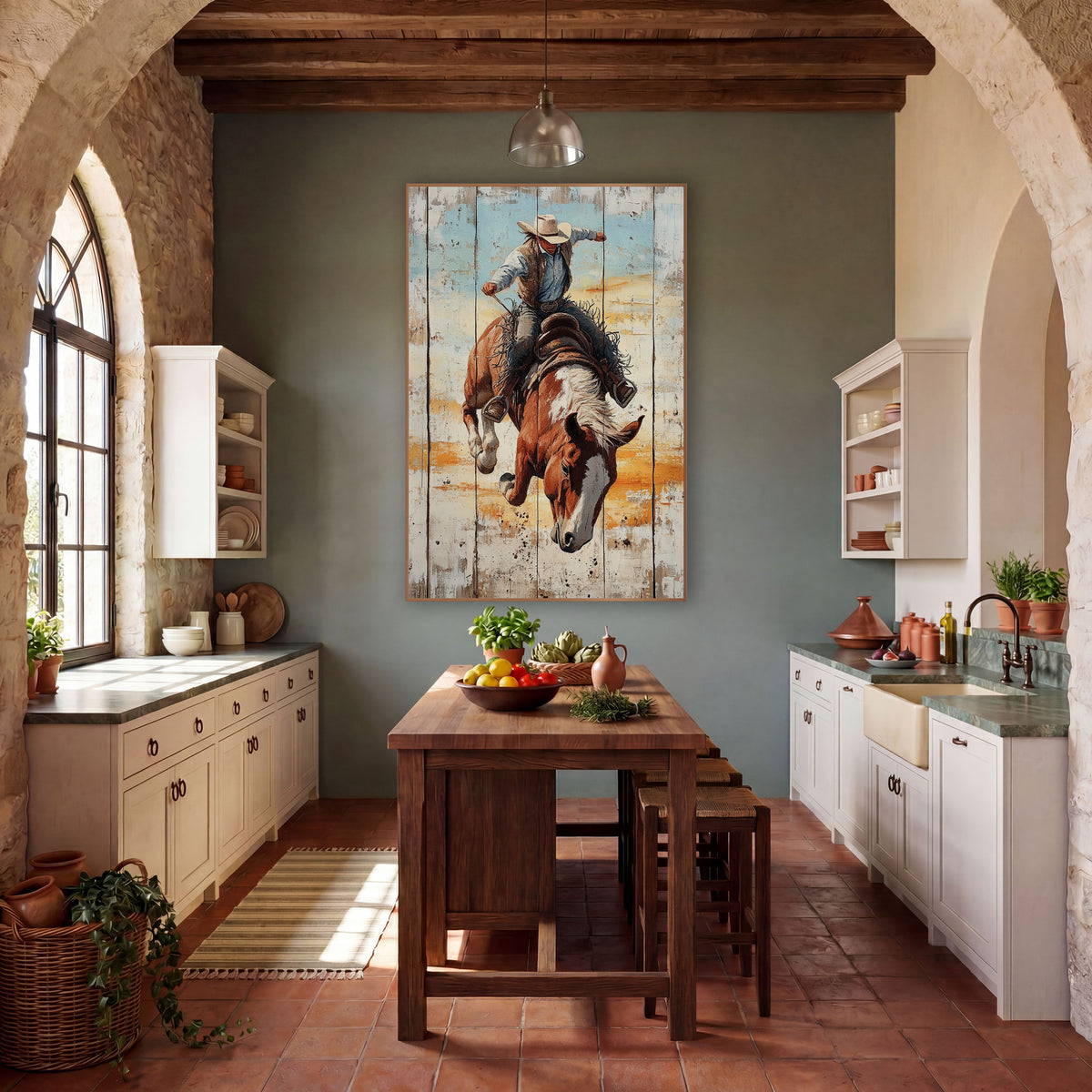 Rodeo Bronc Rider Rustic Western wall art in a rustic western-style room – cowboy in cream hat riding a bucking