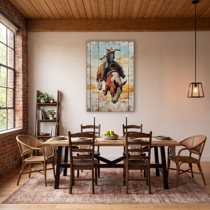 Rodeo Bronc Rider Rustic Western wall art in a rustic western-style room – cowboy in cream hat riding a bucking