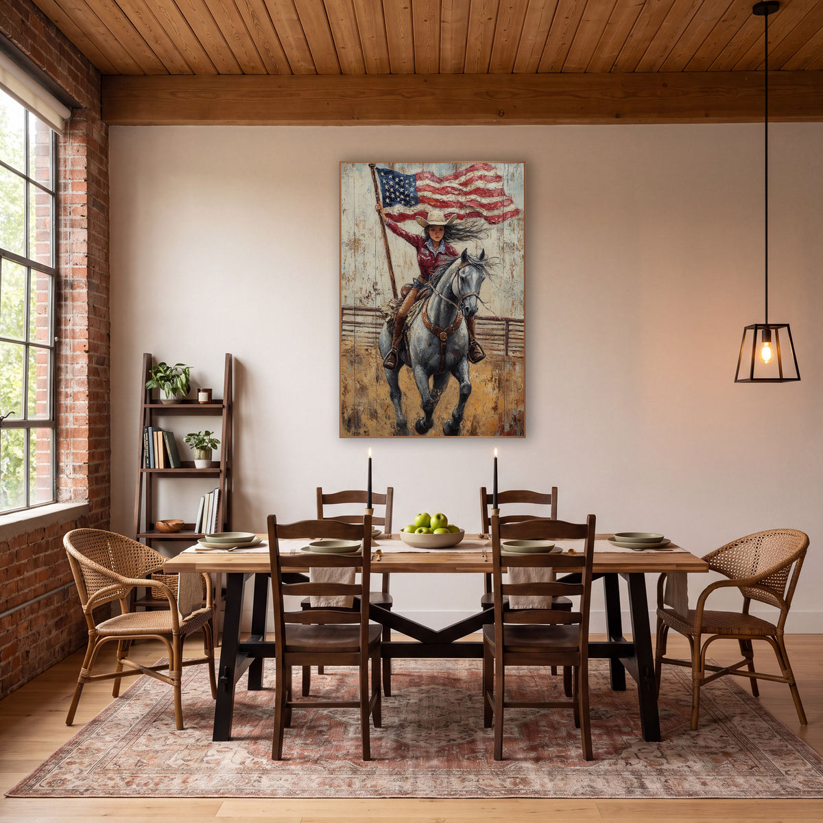 Patriotic Cowgirl Gray Horse Western wall art in a rustic western-style room – cowgirl in red shirt and cream hat