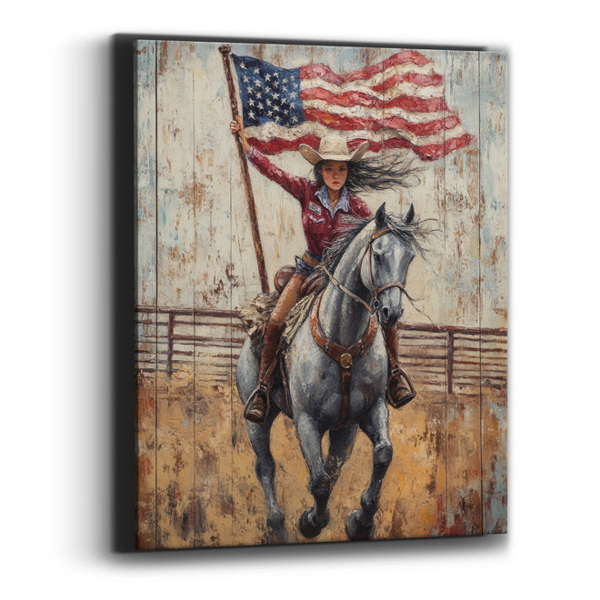 Patriotic Cowgirl Gray Horse Western Canvas Wall Art