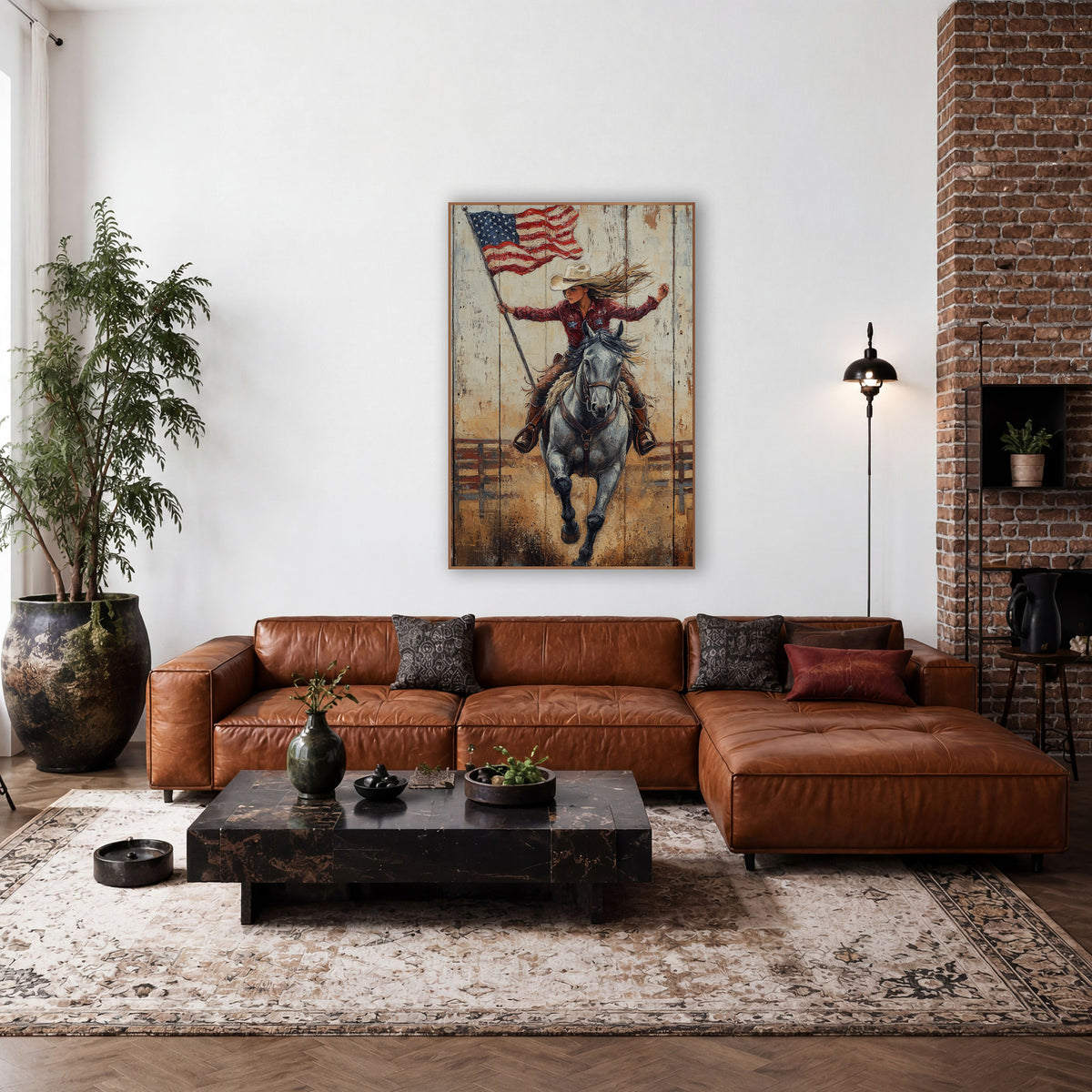 Galloping Cowgirl American Flag Western wall art in a rustic western-style room – cowgirl in cream hat and red shirt