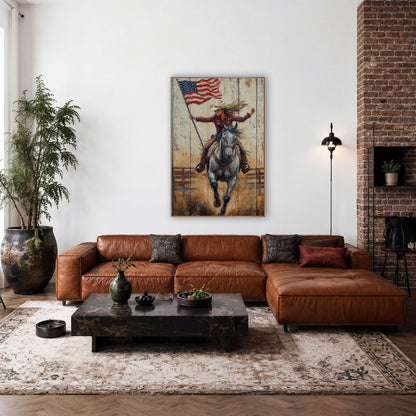 Galloping Cowgirl American Flag Western wall art in a rustic western-style room – cowgirl in cream hat and red shirt
