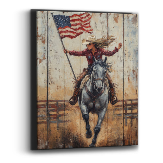 Galloping Cowgirl American Flag Western Canvas Wall Art