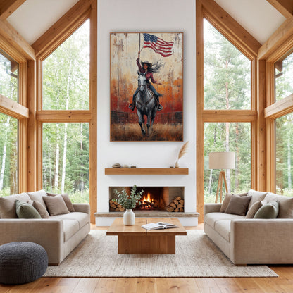 Sunset Arena Cowgirl Flagbearer Painterly wall art in a rustic western-style room – cowgirl in cowboy hat galloping