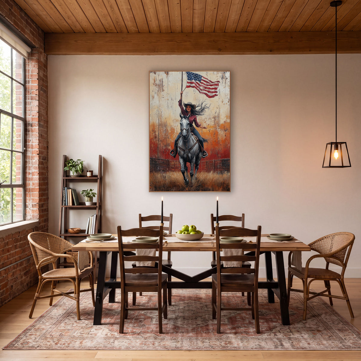 Sunset Arena Cowgirl Flagbearer Painterly wall art in a rustic western-style room – cowgirl in cowboy hat galloping