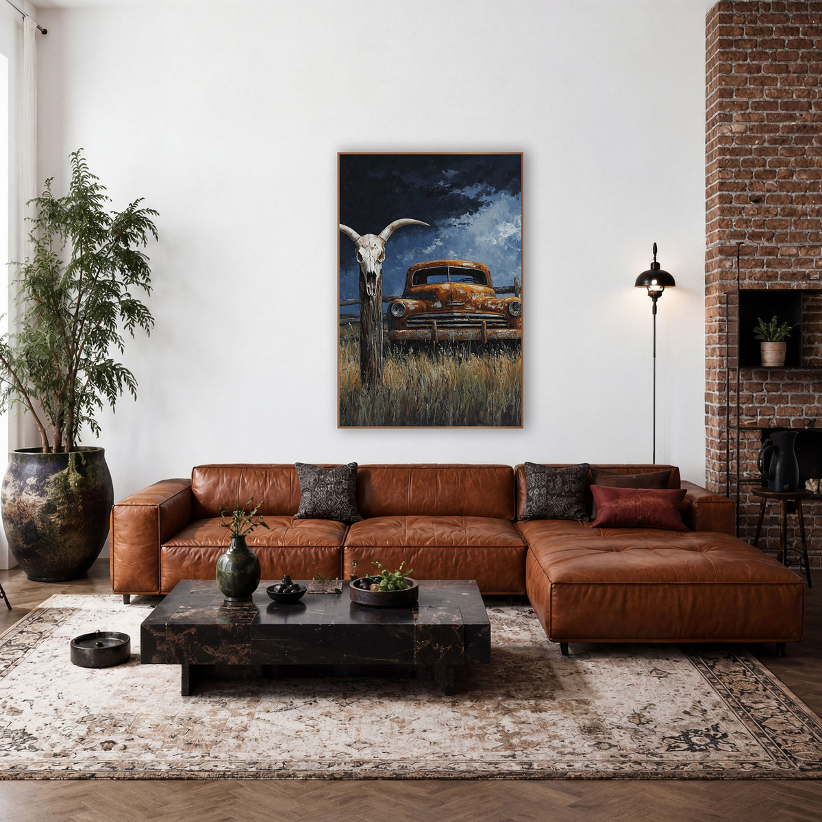 Stormfront Fence Skull Rusty Truck wall art in a rustic western-style room – rusted orange old truck in tall dry grass