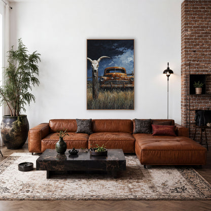 Stormfront Fence Skull Rusty Truck wall art in a rustic western-style room – rusted orange old truck in tall dry grass