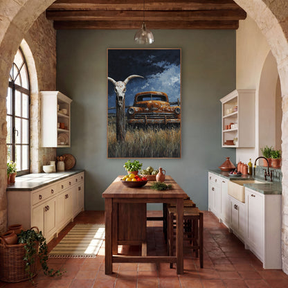Stormfront Fence Skull Rusty Truck wall art in a rustic western-style room – rusted orange old truck in tall dry grass