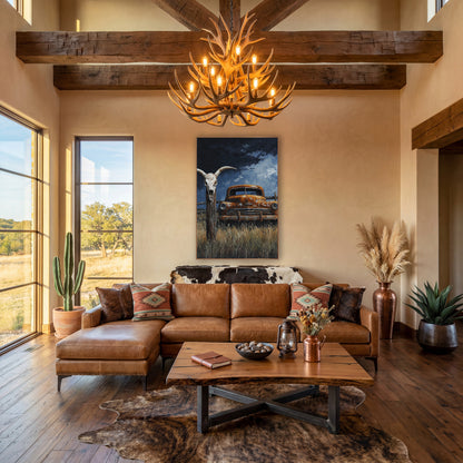 Stormfront Fence Skull Rusty Truck wall art in a rustic western-style room – rusted orange old truck in tall dry grass