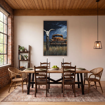 Stormfront Fence Skull Rusty Truck wall art in a rustic western-style room – rusted orange old truck in tall dry grass