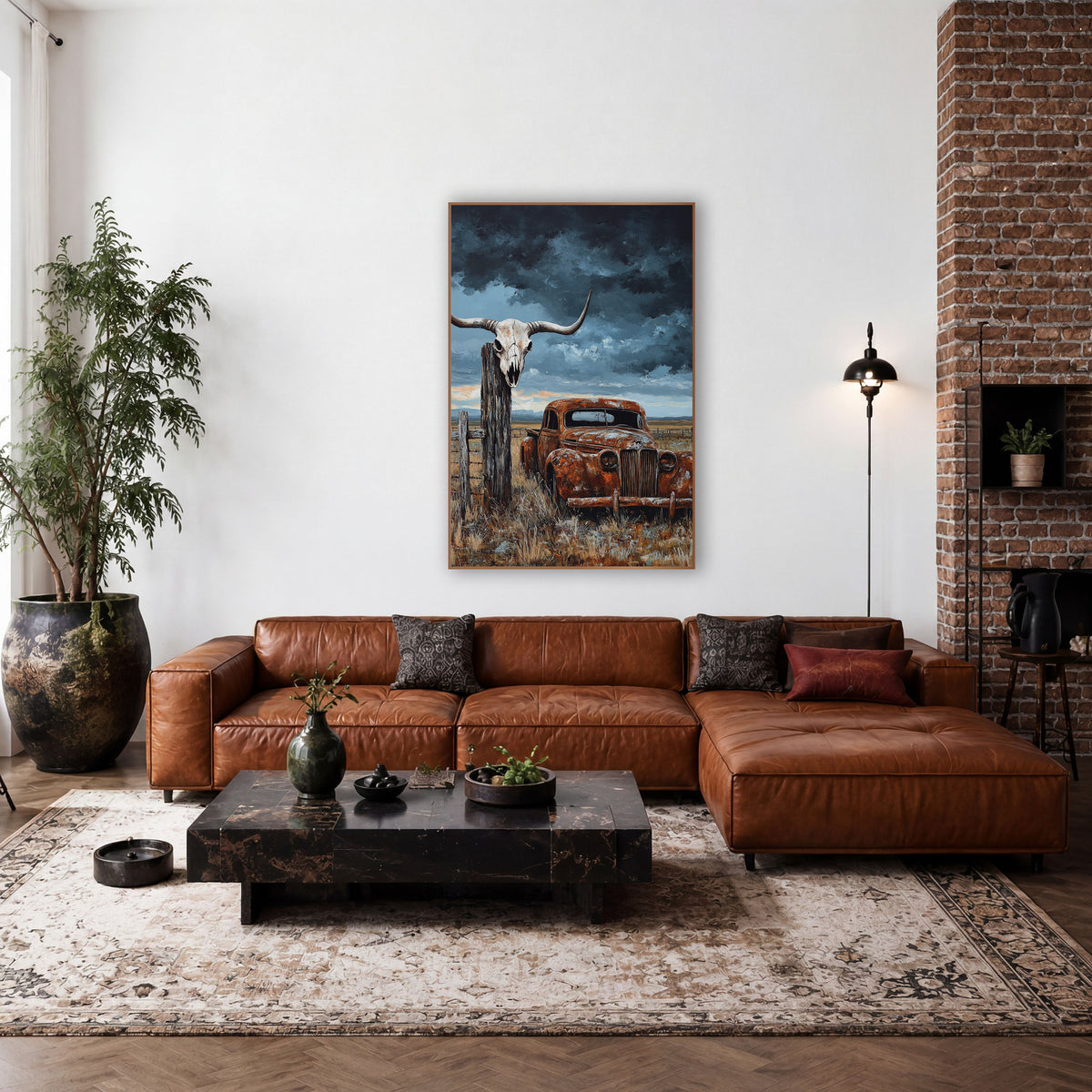 Sunset Barbwire Skull Prairie Relic wall art in a rustic western-style room – longhorn skull on a wooden fence post