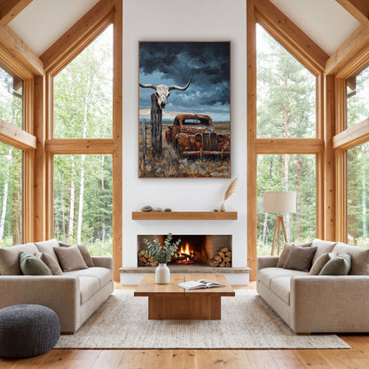 Sunset Barbwire Skull Prairie Relic wall art in a rustic western-style room – longhorn skull on a wooden fence post