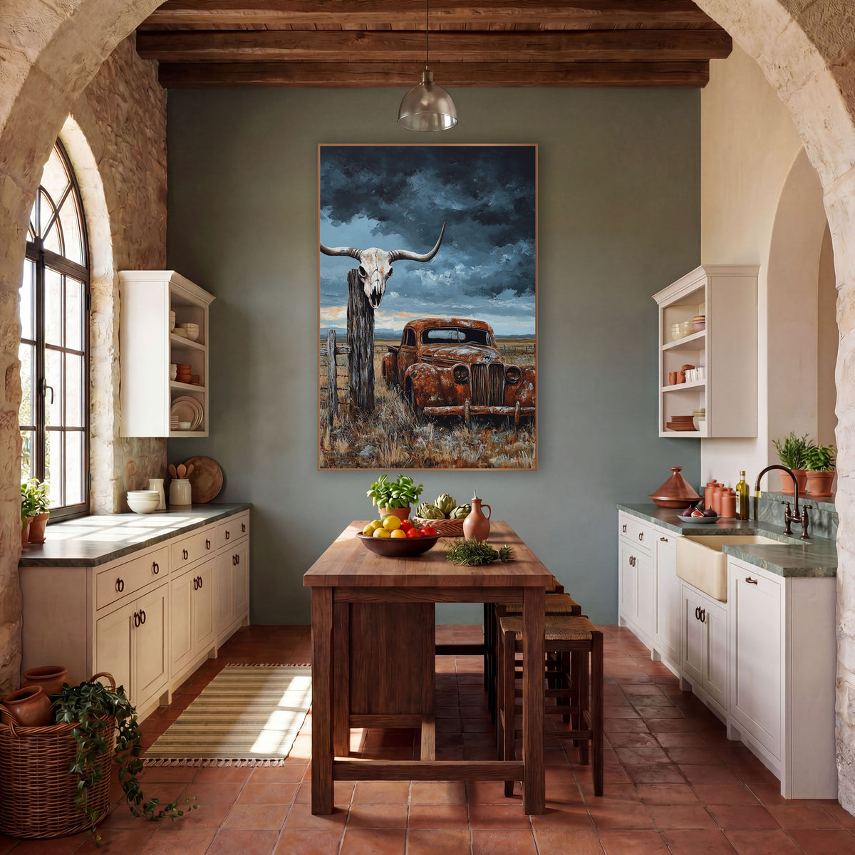 Sunset Barbwire Skull Prairie Relic wall art in a rustic western-style room – longhorn skull on a wooden fence post