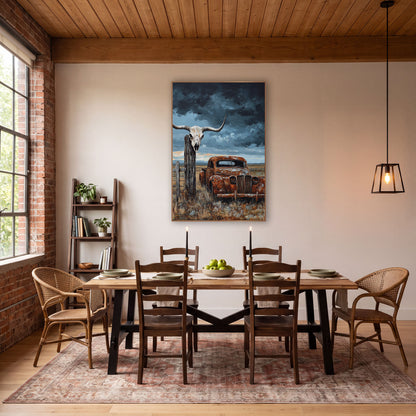 Sunset Barbwire Skull Prairie Relic wall art in a rustic western-style room – longhorn skull on a wooden fence post