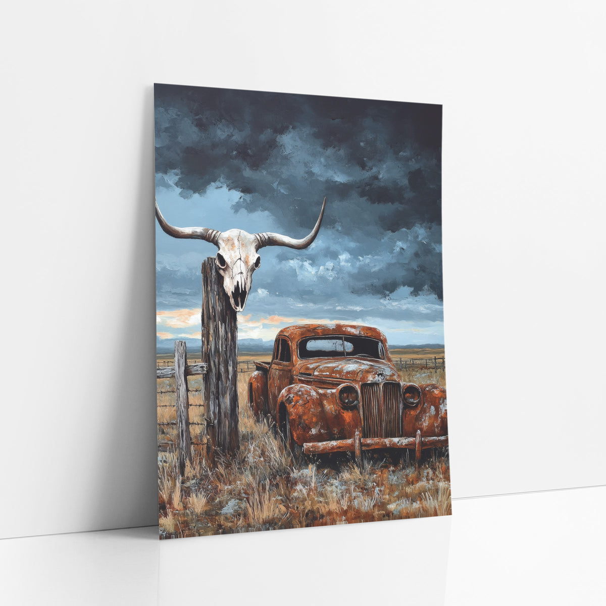 Sunset Barbwire Skull Prairie Relic art print leaning against a white wall – longhorn skull on a wooden fence post