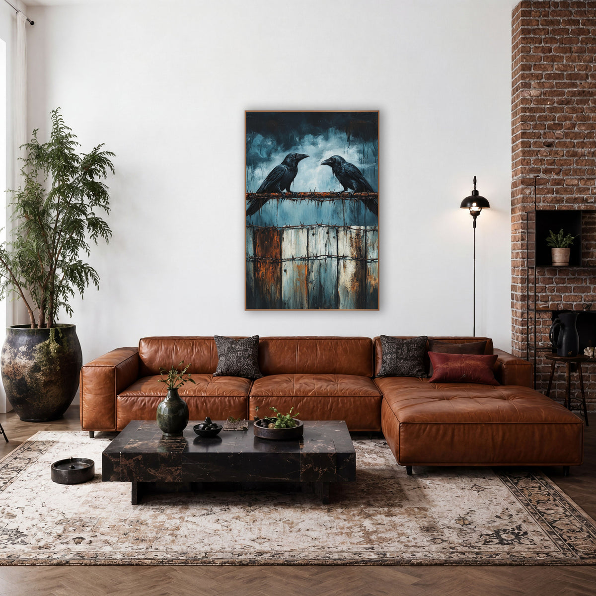Two Ravens Rusted Rail Rustic wall art in a rustic western-style room – two black ravens facing each other on rusty