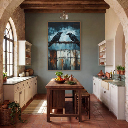 Two Ravens Rusted Rail Rustic wall art in a rustic western-style room – two black ravens facing each other on rusty
