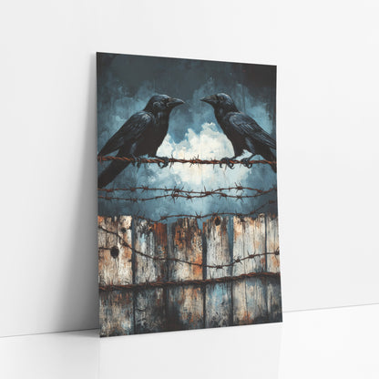 Ravens Tangled Wire Grunge art print leaning against a white wall – two black ravens facing each other on rusty barbed wire