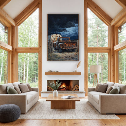 Weathered Pickup and Trailer Rustic wall art in a rustic western-style room – rusty pickup truck and weathered trailer