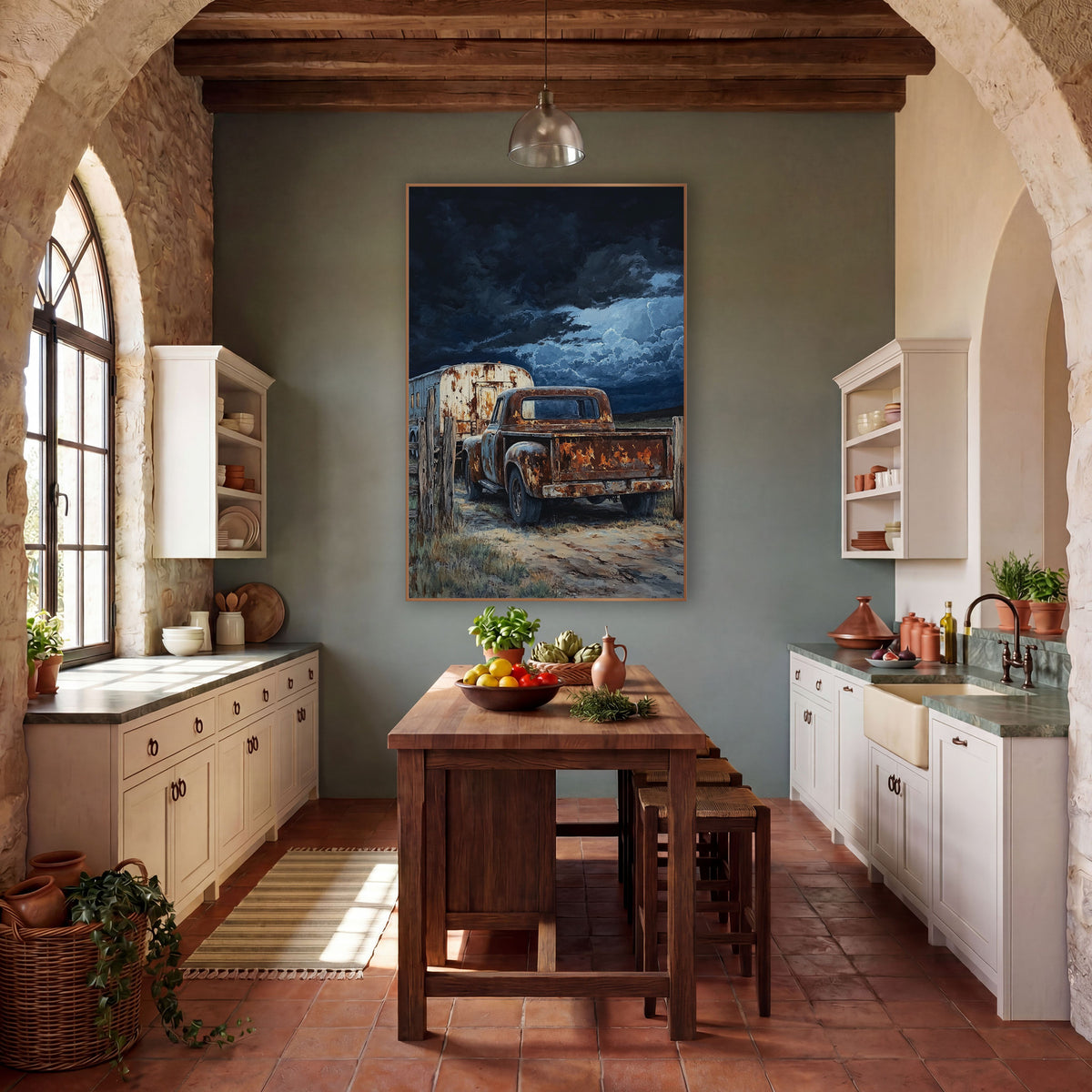 Weathered Pickup and Trailer Rustic wall art in a rustic western-style room – rusty pickup truck and weathered trailer