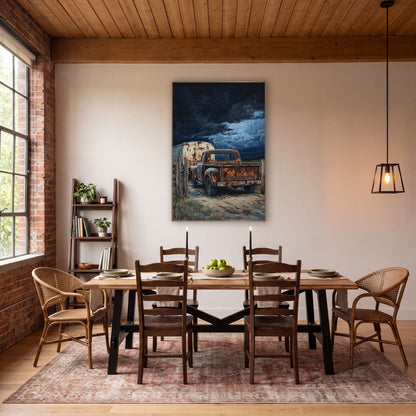Weathered Pickup and Trailer Rustic wall art in a rustic western-style room – rusty pickup truck and weathered trailer