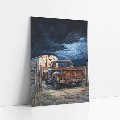 Weathered Pickup and Trailer Rustic art print leaning against a white wall – rusty pickup truck and weathered trailer