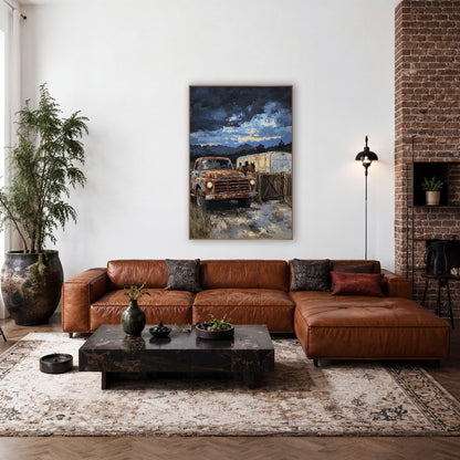 Rusty Pickup Ranch Western wall art in a rustic western-style room – rusty orange pickup truck beside a wooden gate