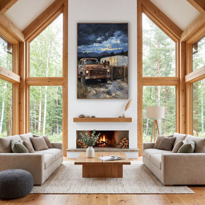 Rusty Pickup Ranch Western wall art in a rustic western-style room – rusty orange pickup truck beside a wooden gate