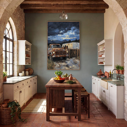 Rusty Pickup Ranch Western wall art in a rustic western-style room – rusty orange pickup truck beside a wooden gate