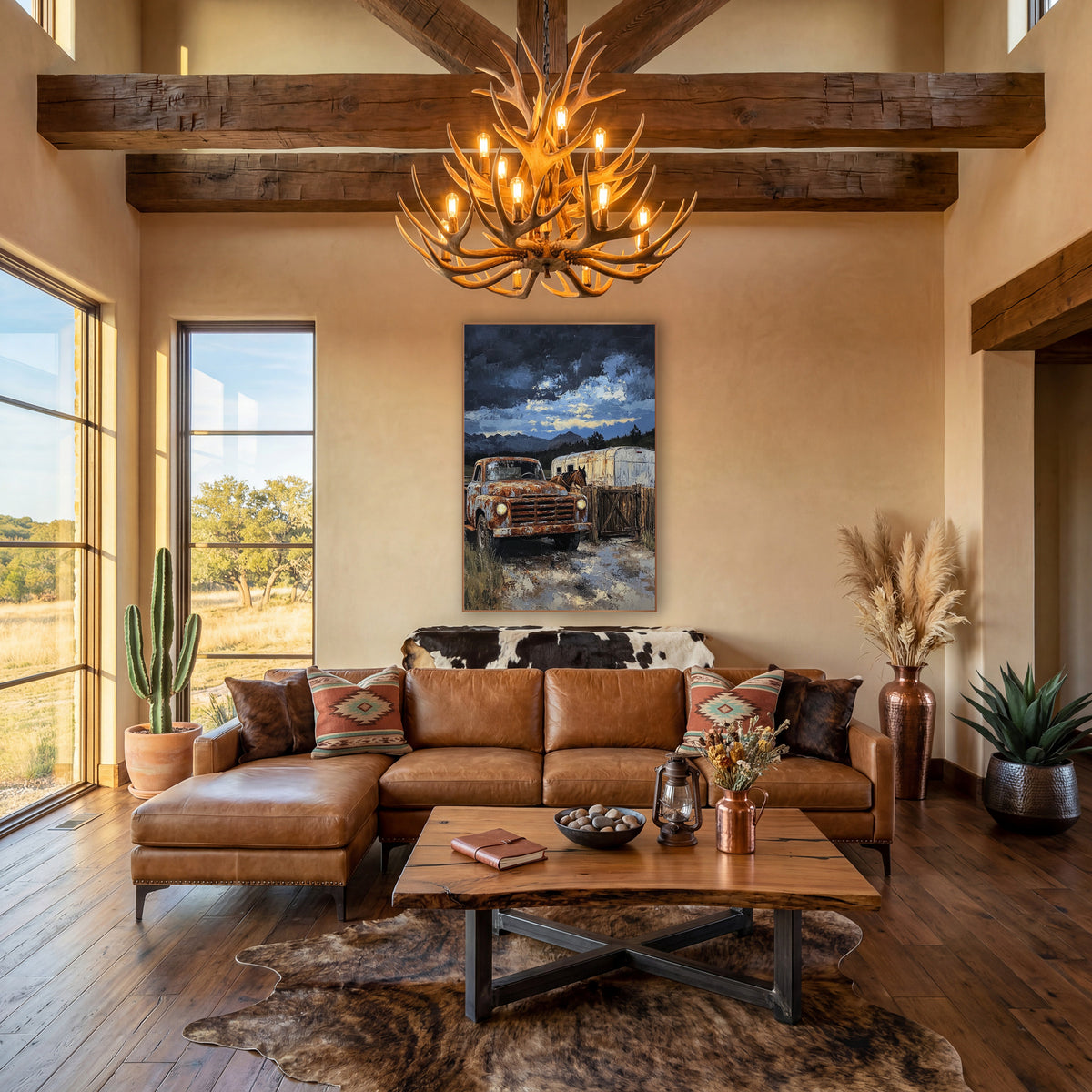 Rusty Pickup Ranch Western wall art in a rustic western-style room – rusty orange pickup truck beside a wooden gate