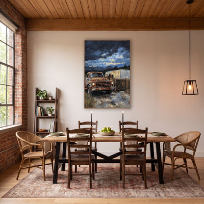 Rusty Pickup Ranch Western wall art in a rustic western-style room – rusty orange pickup truck beside a wooden gate