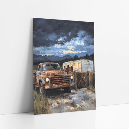 Rusty Pickup Ranch Western art print leaning against a white wall – rusty orange pickup truck beside a wooden gate, a brown