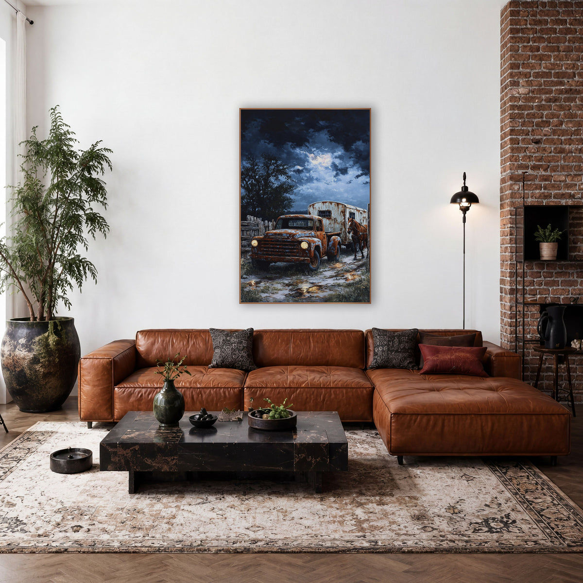 Pickup Horse Trailer Moonlit Western wall art in a rustic western-style room – rusty orange pickup truck with glowing